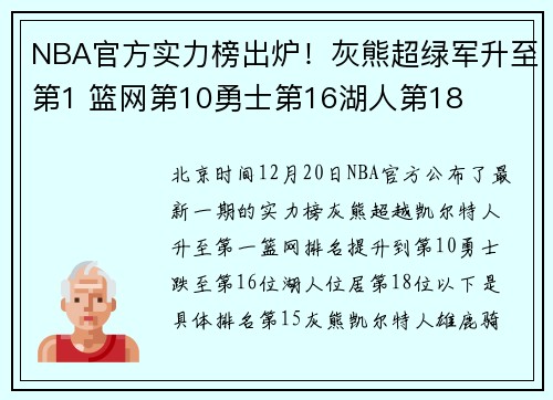 NBA官方实力榜出炉！灰熊超绿军升至第1 篮网第10勇士第16湖人第18