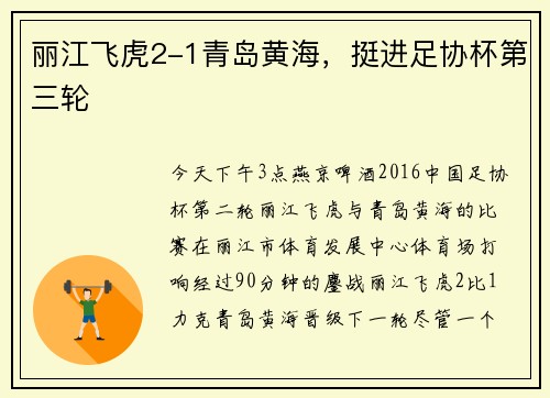 丽江飞虎2-1青岛黄海，挺进足协杯第三轮