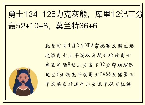 勇士134-125力克灰熊，库里12记三分轰52+10+8，莫兰特36+6