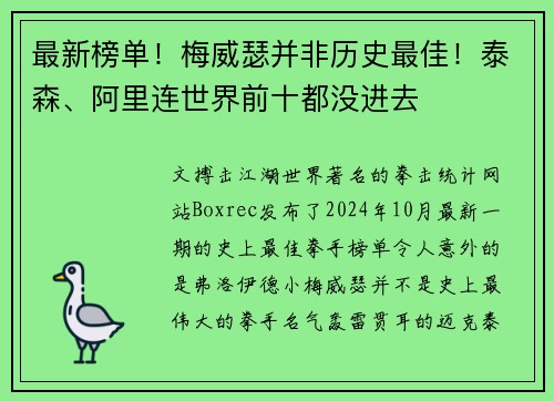 最新榜单！梅威瑟并非历史最佳！泰森、阿里连世界前十都没进去